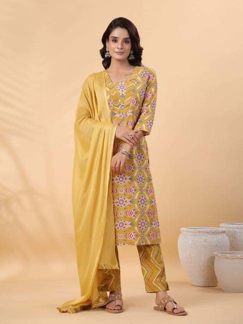 janasya yellow cotton floral print kurta & pant set with dupatta