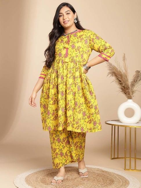 janasya yellow cotton floral print kurta palazzo set