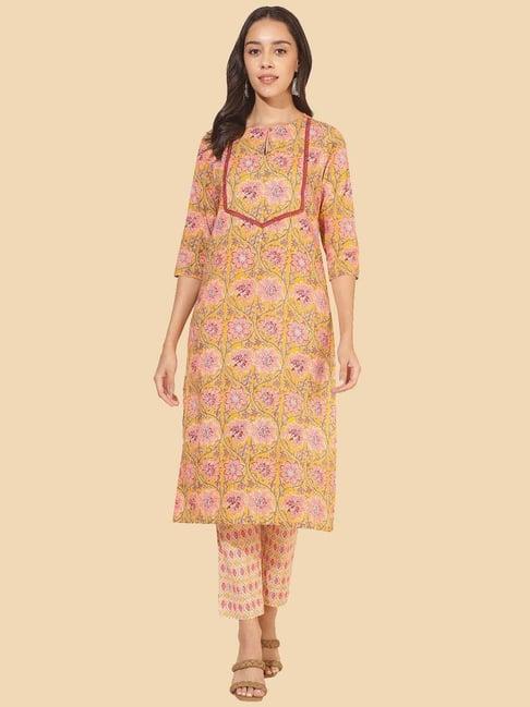 janasya yellow cotton floral print kurta pant set