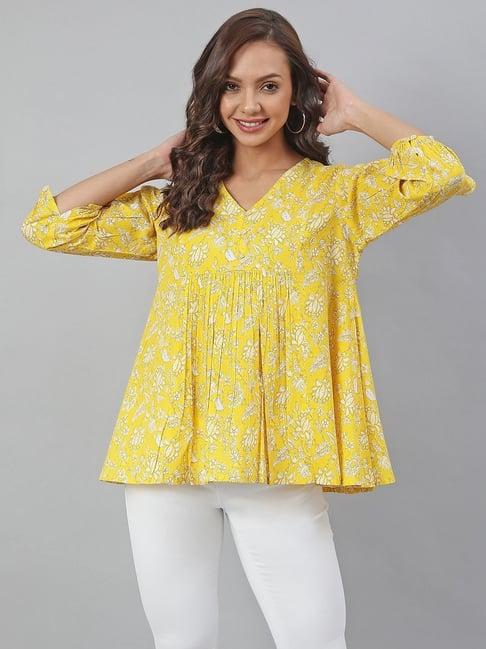 janasya yellow cotton floral print top