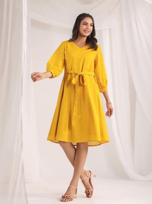 janasya yellow cotton self pattern a-line dress