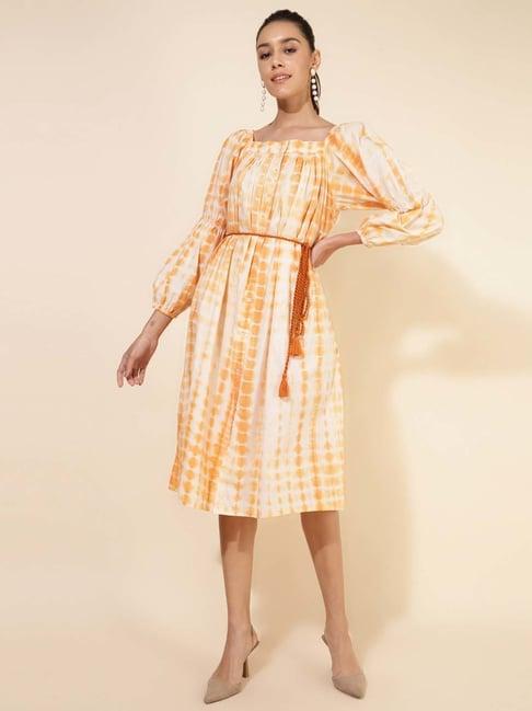 janasya yellow cotton tie & dye a-line dress