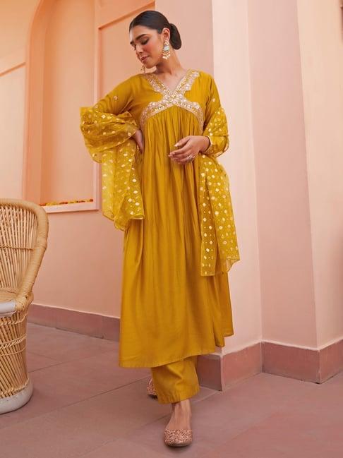 janasya yellow embellished kurta palazzo set with dupatta