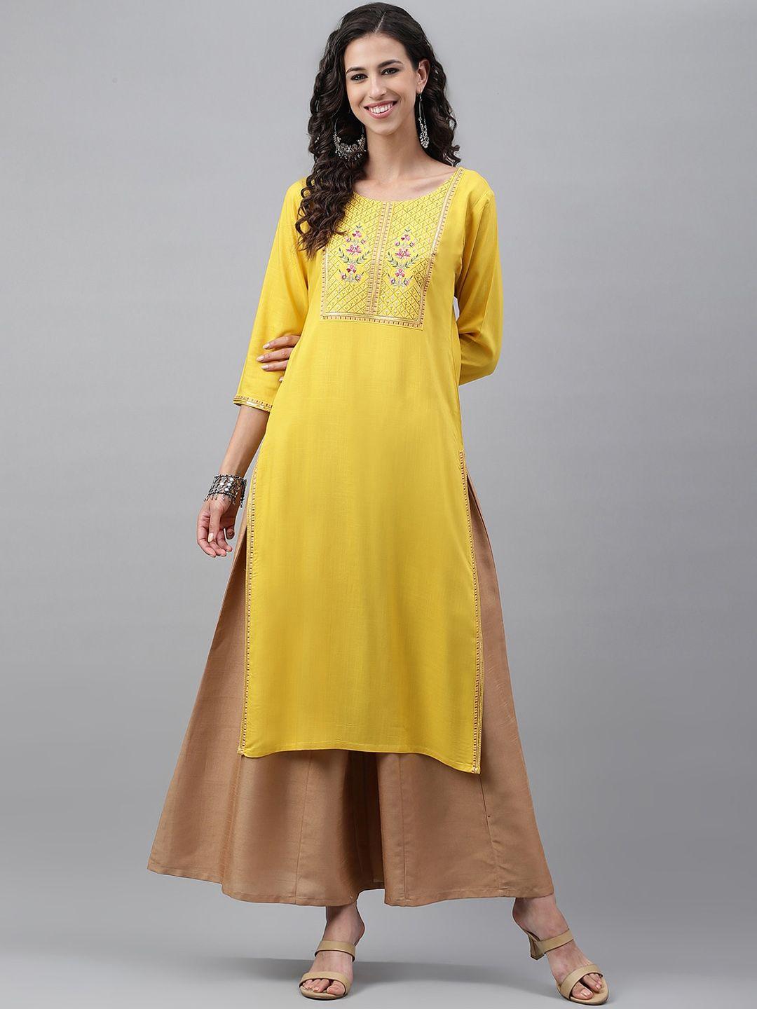 janasya yellow embroidered thread work kurta