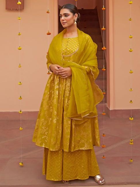 janasya yellow floral kurta with palazzo & dupatta