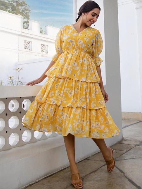 janasya yellow floral print a-line dress