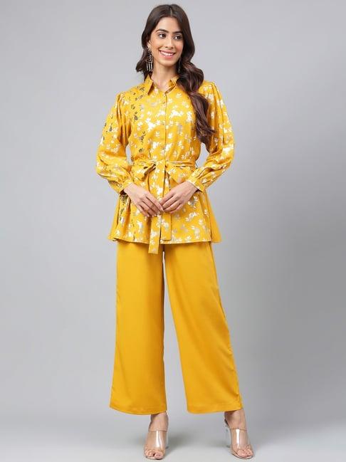 janasya yellow floral print top & palazzo set
