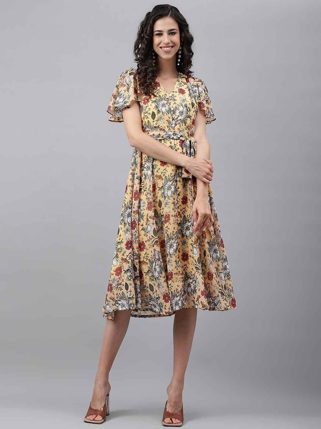 janasya yellow floral printed flared sleeves georgette fit & flare midi dress