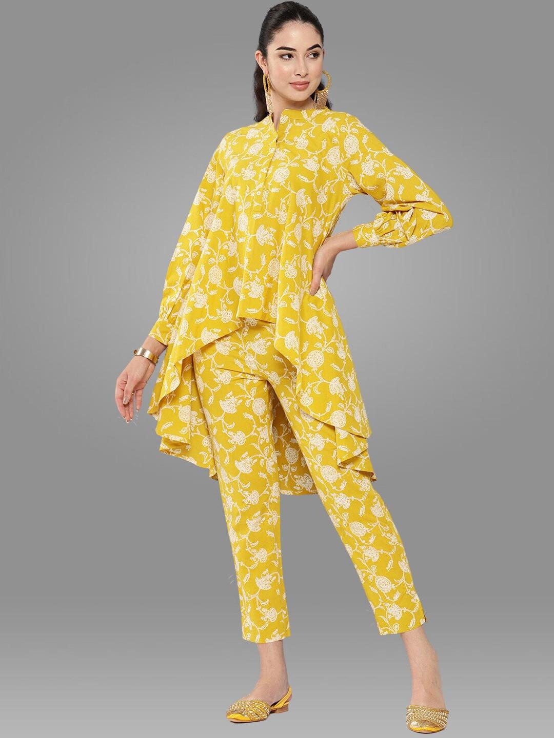 janasya yellow floral printed pure cotton high low tunic with trouser