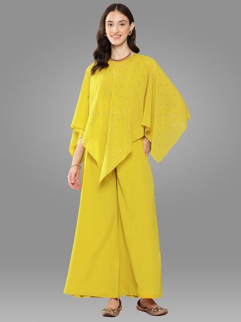 janasya yellow top with palazzo & cape set