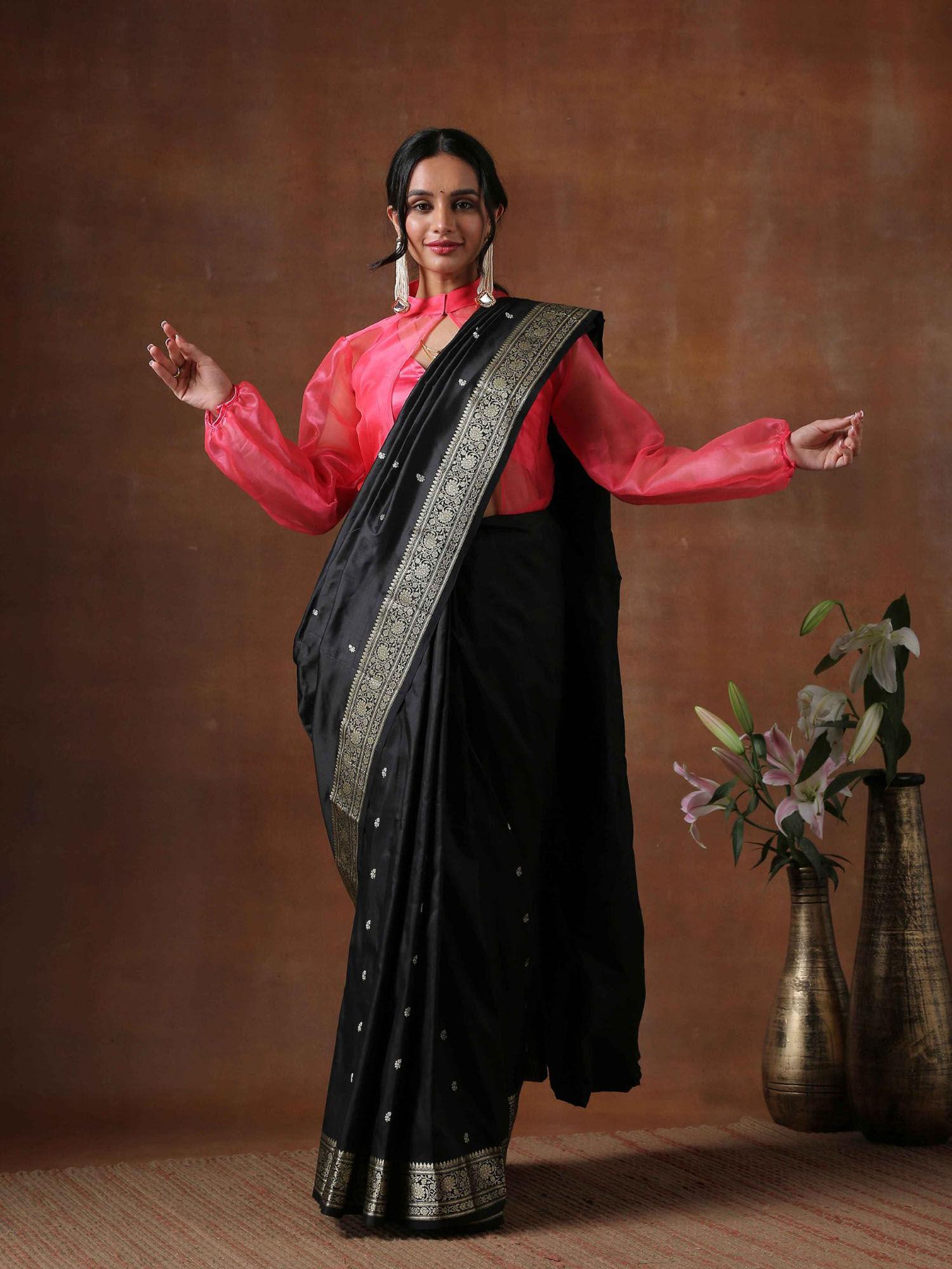 jankai' black silk banarasi handloom saree with unstitched blouse