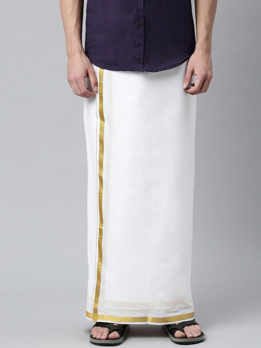 jansons men white & gold-coloured solid cotton dhoti