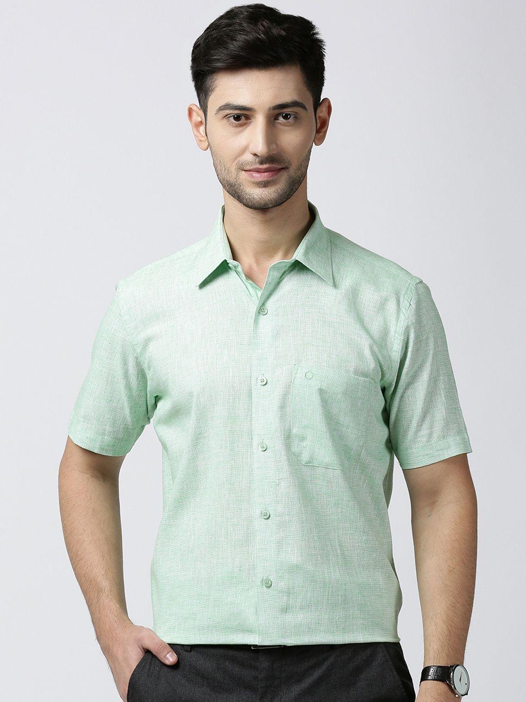 jansons men green regular fit solid formal shirt