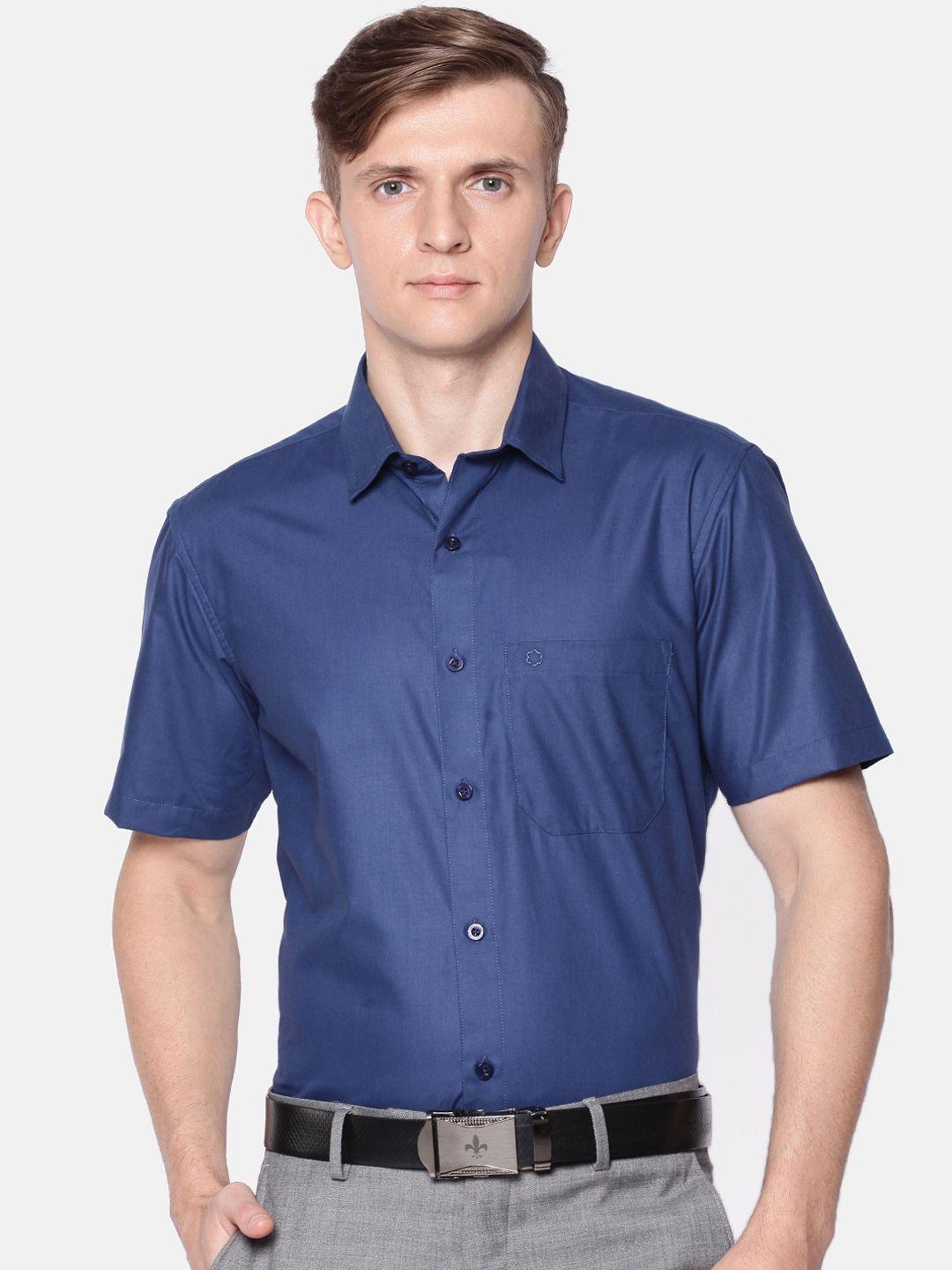 jansons men navy blue regular fit solid formal shirt