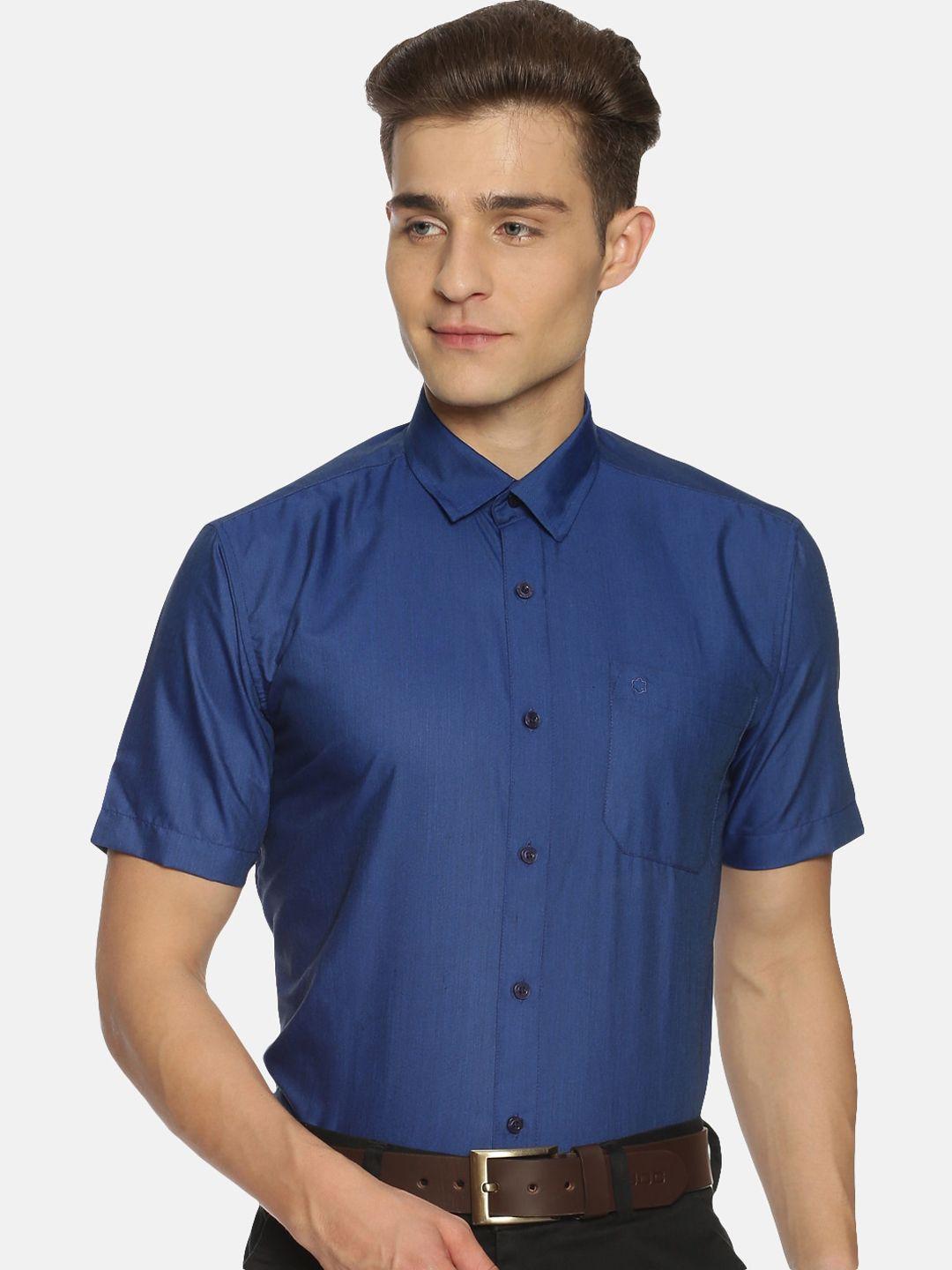 jansons men navy blue solid regular fit formal shirt