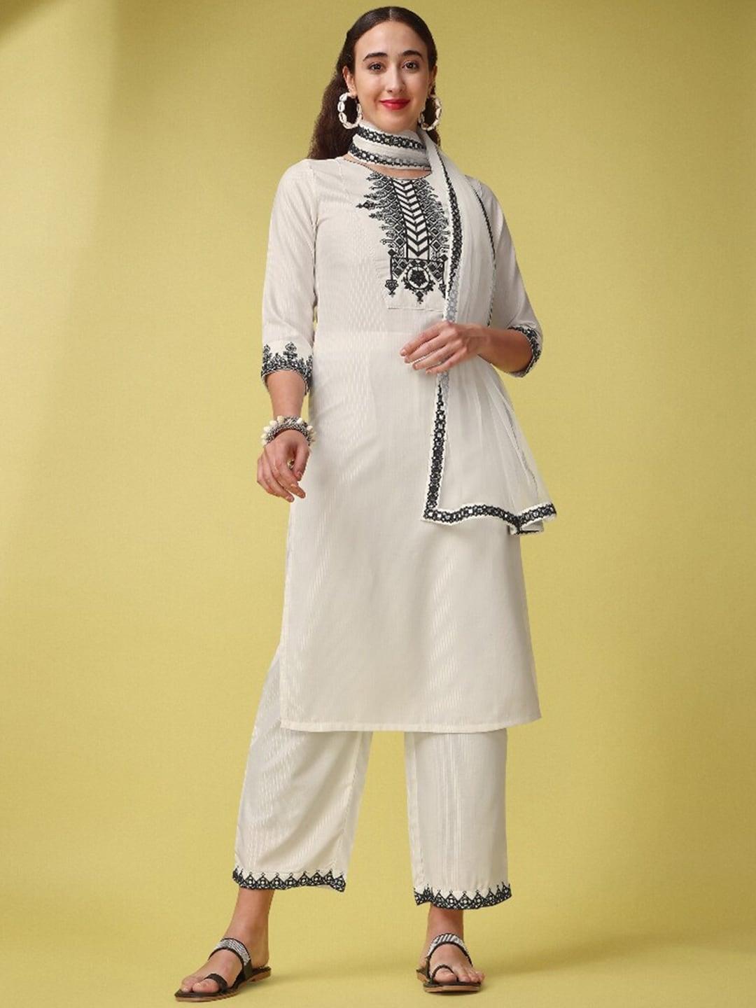 japnaam women white ethnic motifs embroidered regular thread work kurta with salwar & with dupatta