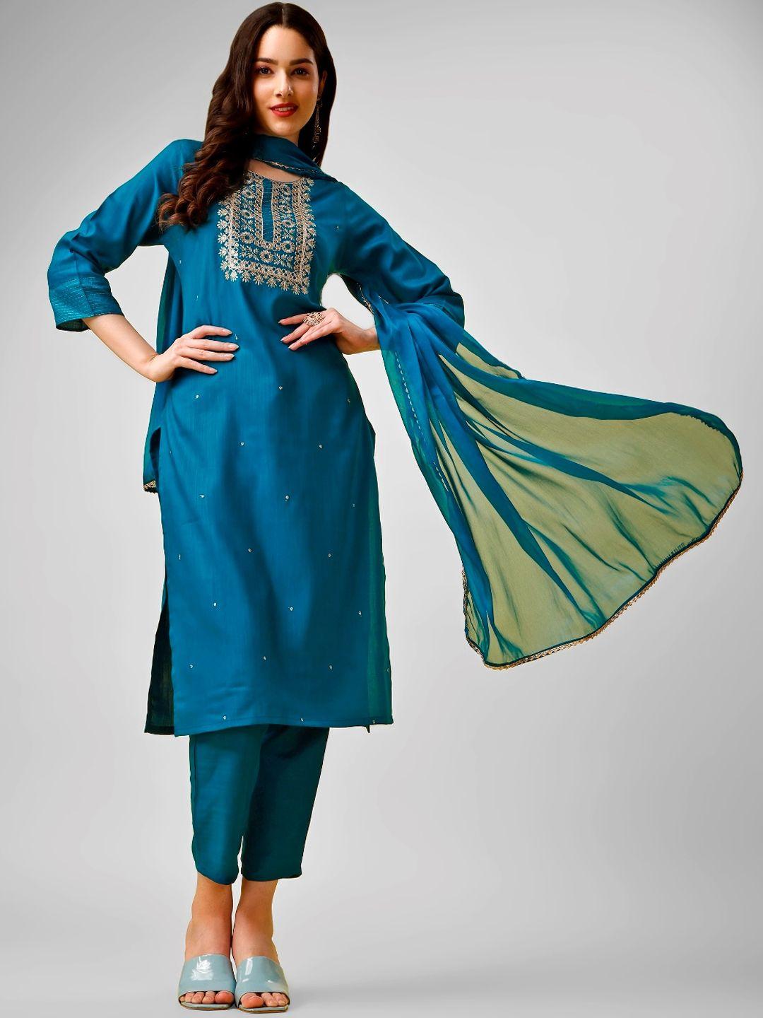 japnaam ethnic motifs embroidered thread work straight kurta & trousers with dupatta