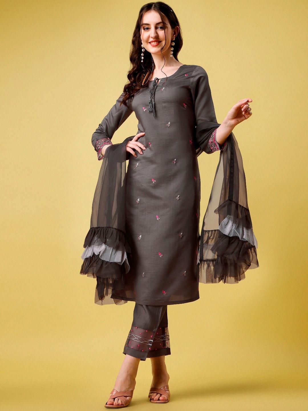 japnaam floral embroidered tie-up neck kurta with trousers & dupatta