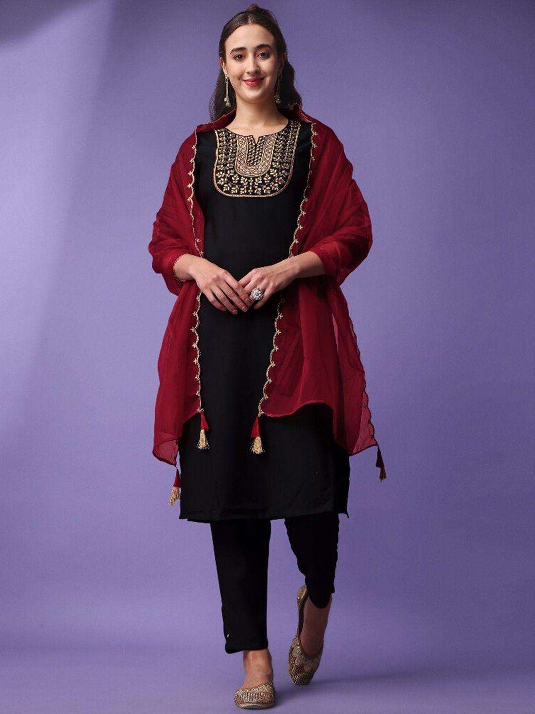 japnaam women black ethnic motifs embroidered regular thread work kurta with salwar & with dupatta