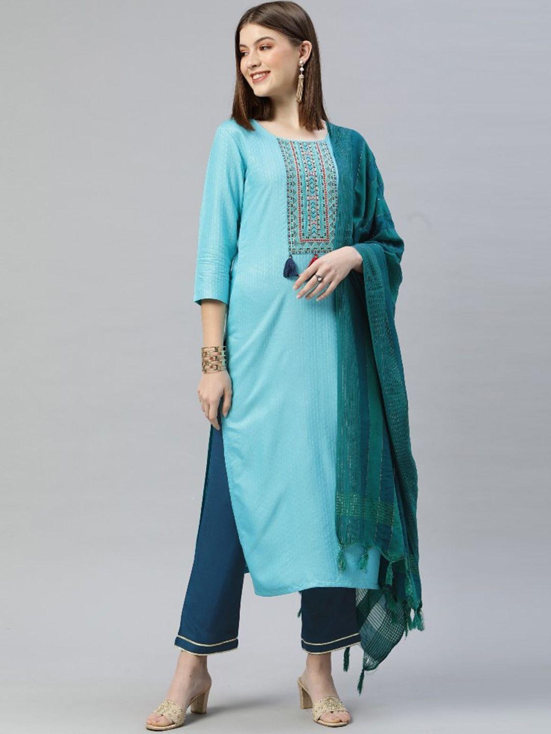 japnaam women blue ethnic motifs embroidered regular thread work kurta with trousers & with dupatta