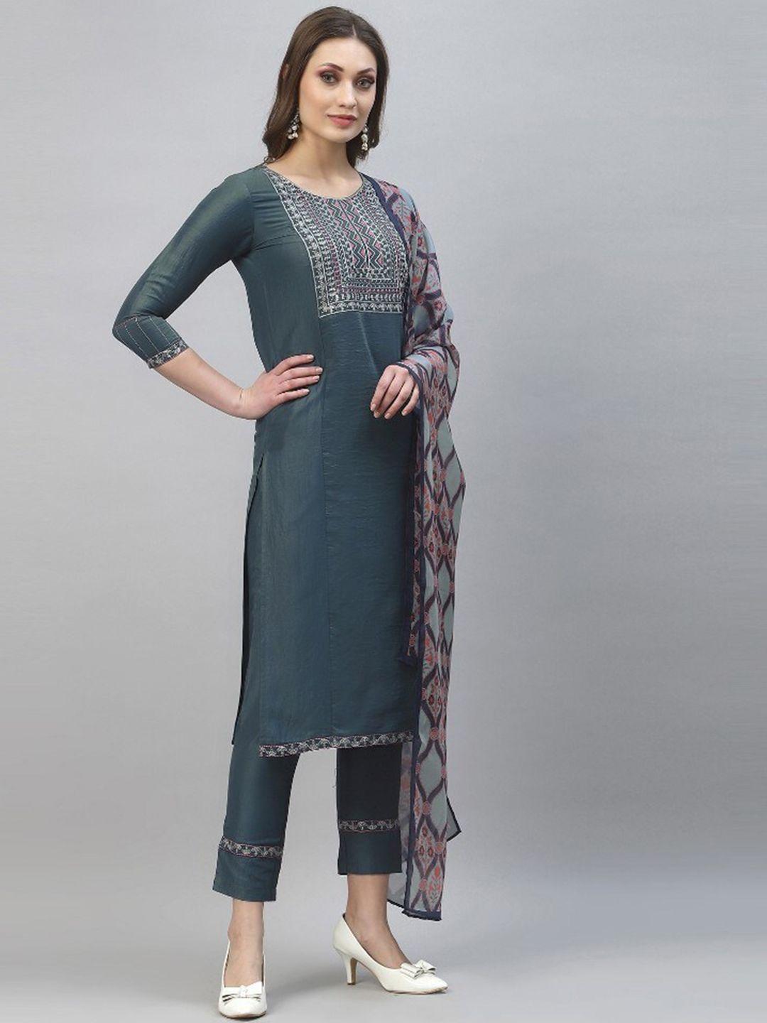 japnaam women grey ethnic motifs yoke design regular thread work kurta with trousers & with dupatta