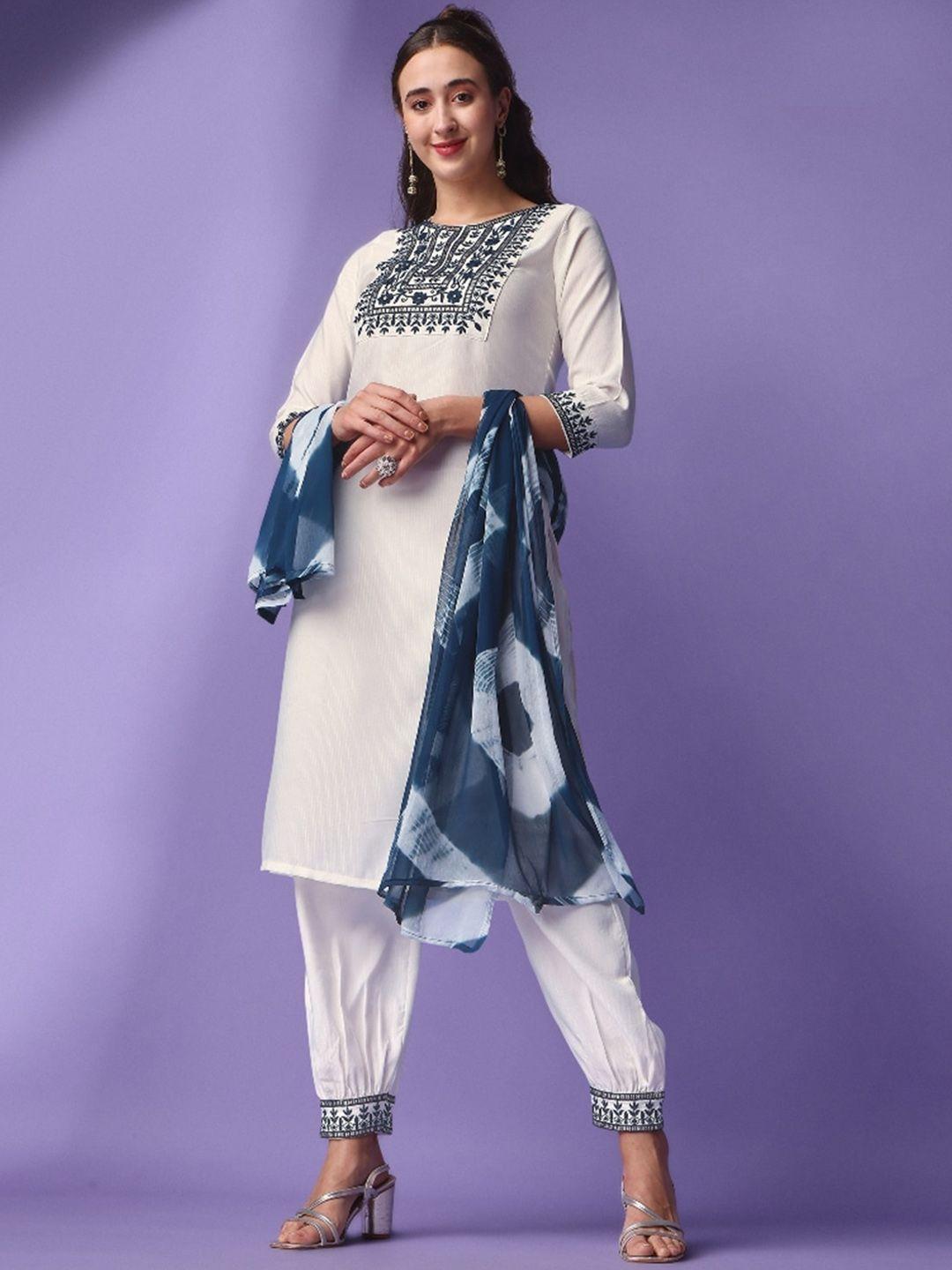 japnaam women white ethnic motifs embroidered regular thread work kurta with salwar & with dupatta