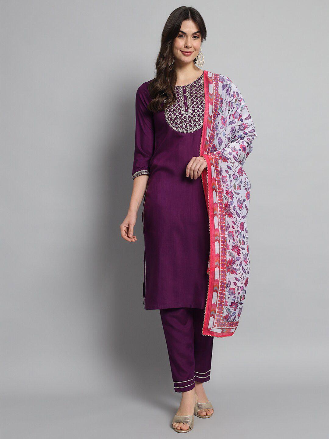 japnaam yoke design embroidered straight kurta with trousers & dupatta