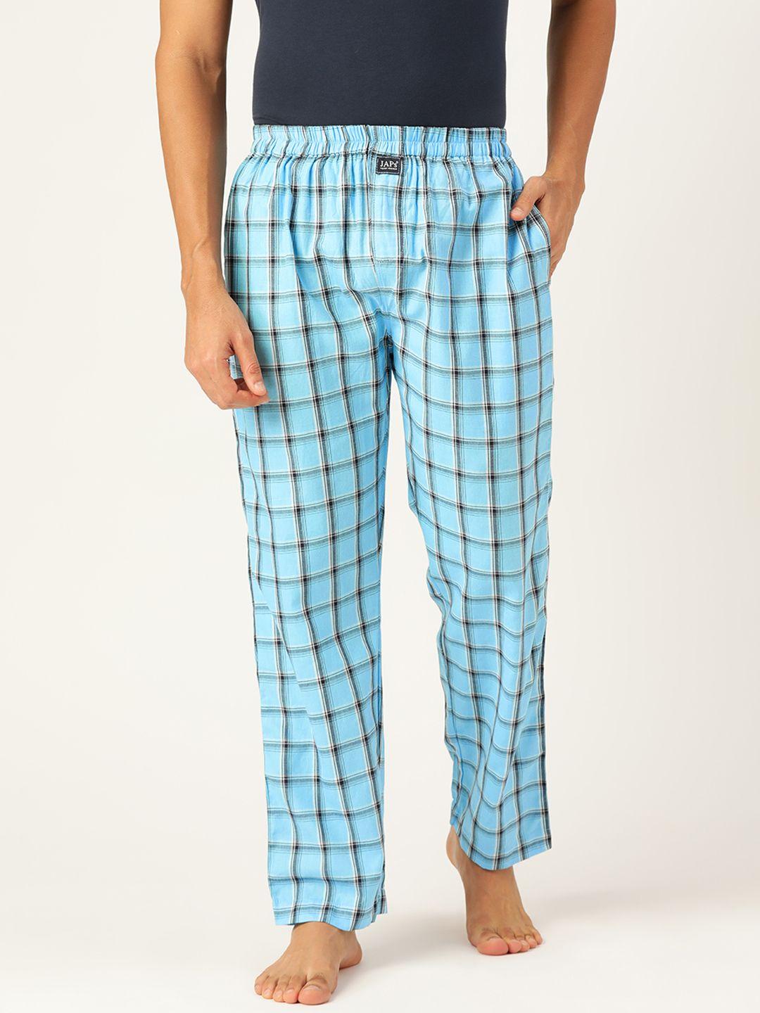 japs men blue & black checked cotton lounge pants