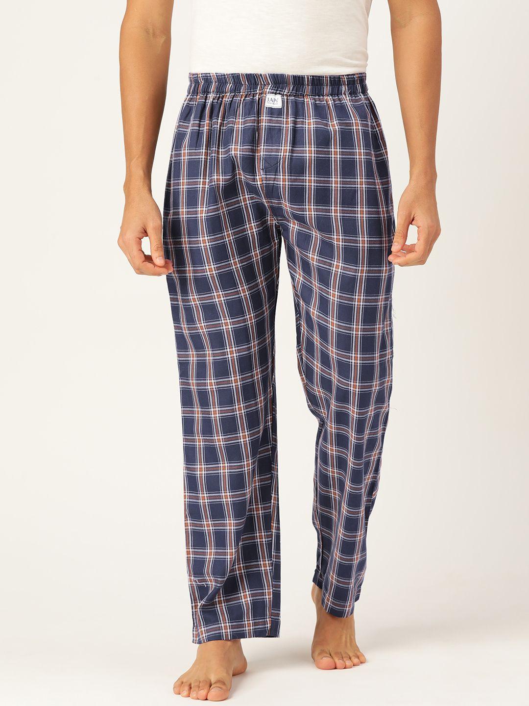 japs men navy blue & orange checked cotton lounge pants