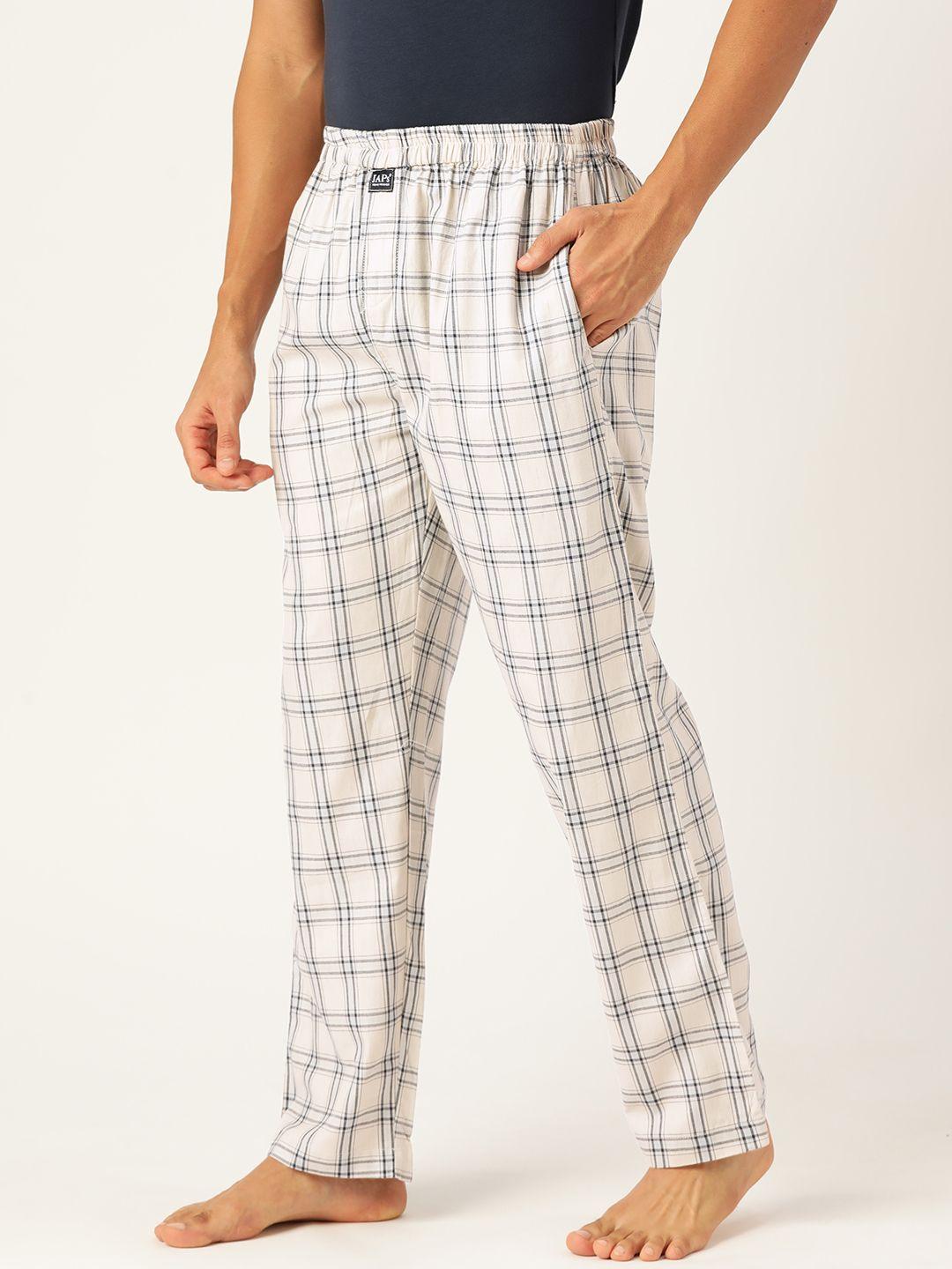 japs men off white & navy blue checked premium cotton lounge pants