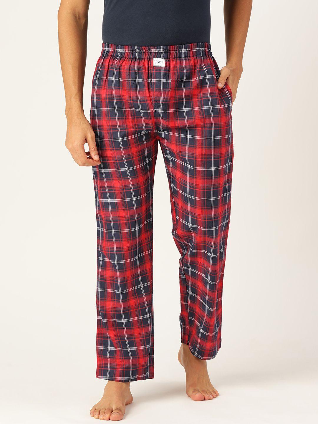 japs men red & navy blue checked cotton lounge pants