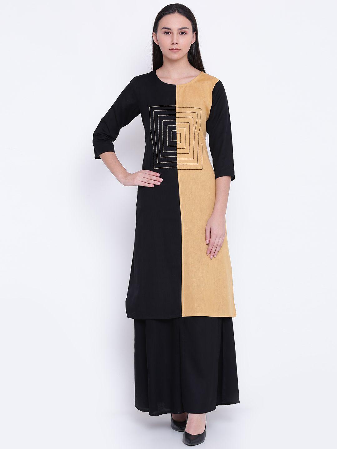 jashn women black & beige colourblocked straight kurta