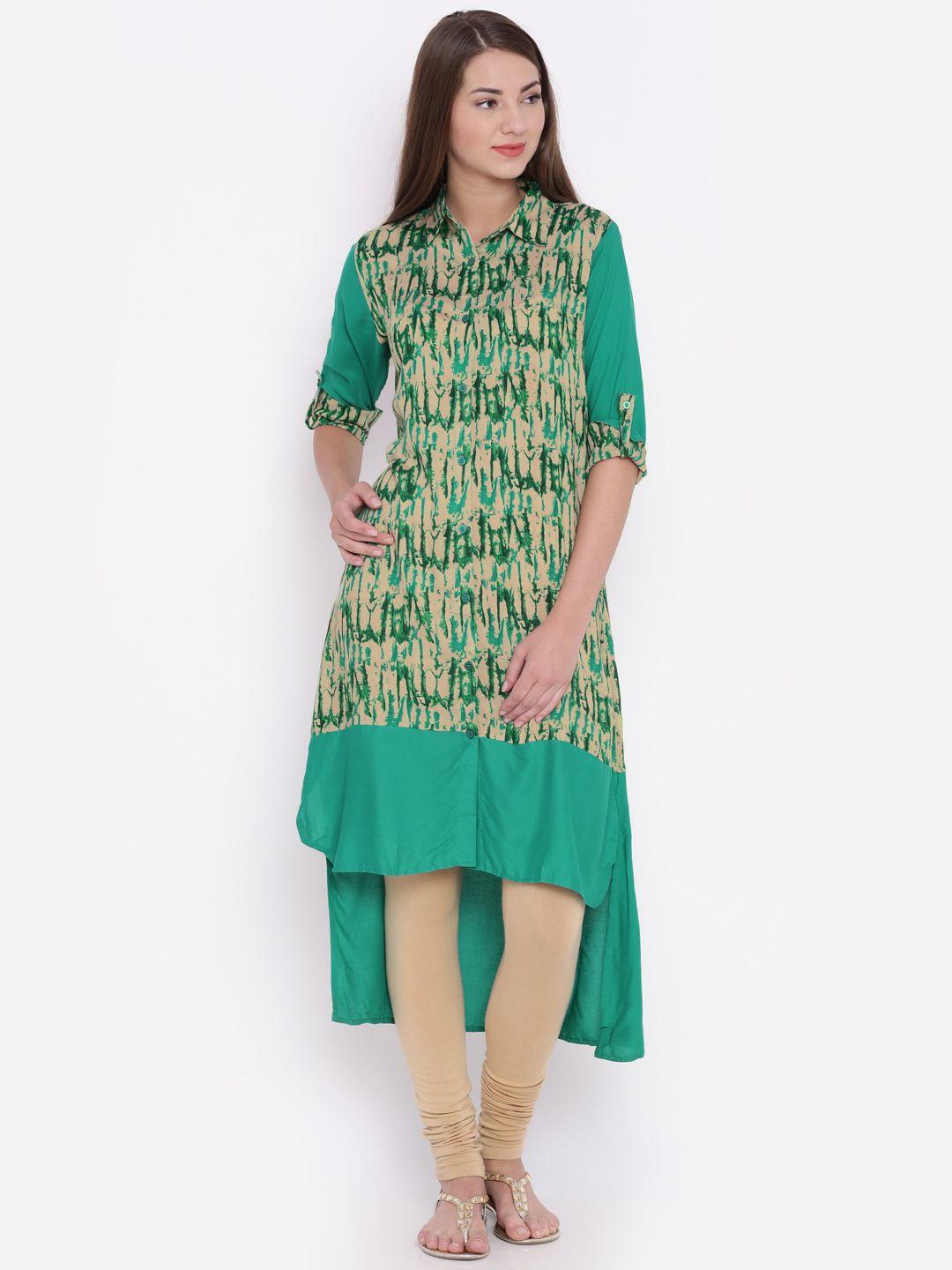 jashn women green & beige printed kurta