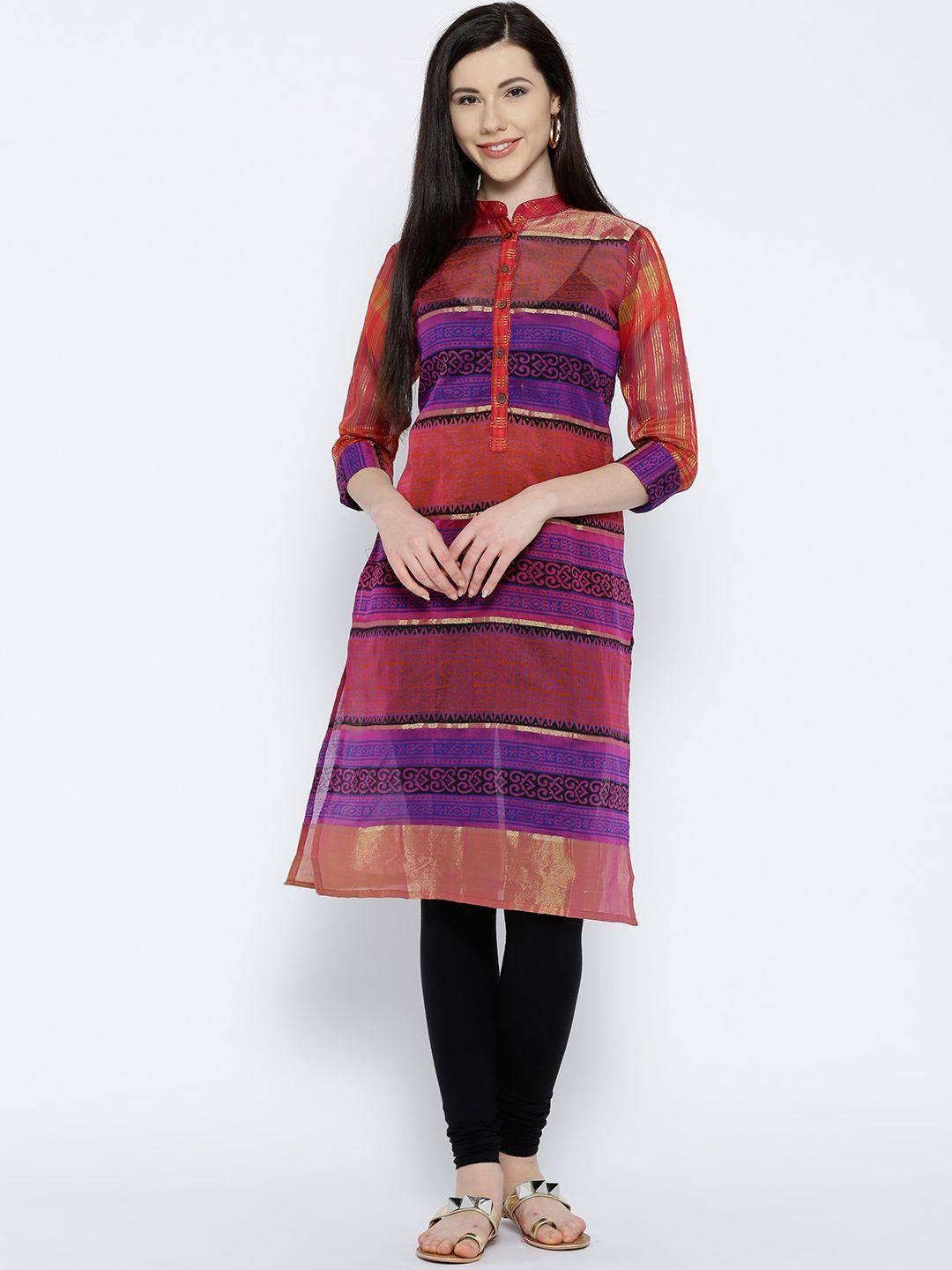 jashn women magenta & red striped sheer straight kurta