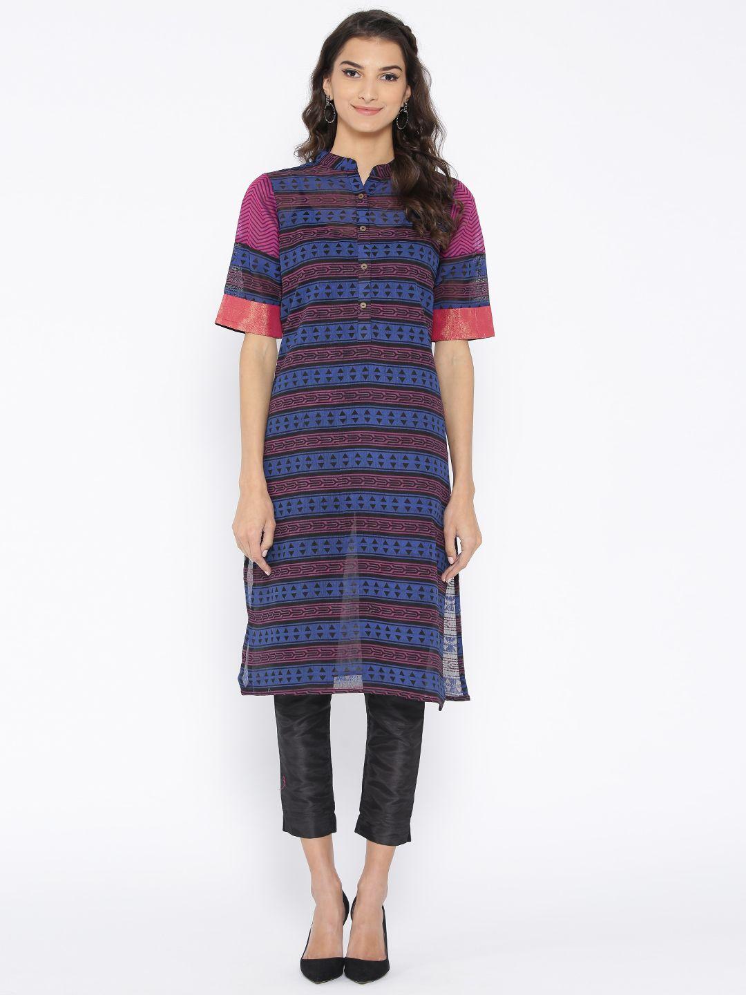 jashn women navy blue & purple striped straight kurta