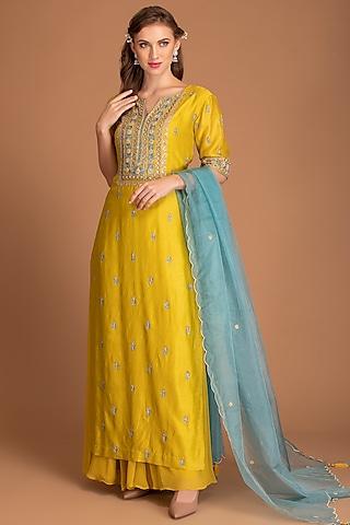 jasmine yellow hand embroidered kurta set
