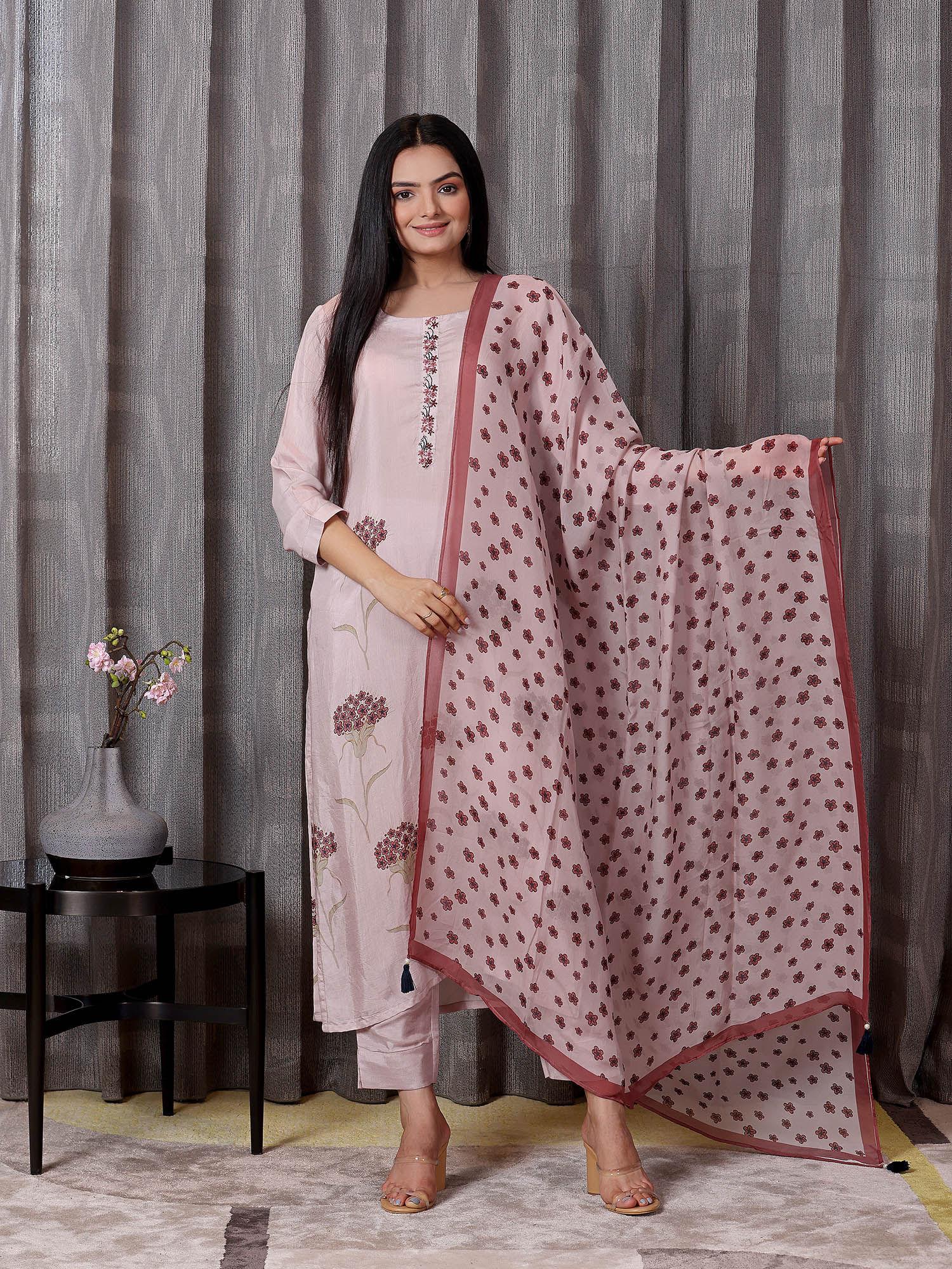 jasmine collection pink straight kurta, bottom wear & dupatta (set of 3)