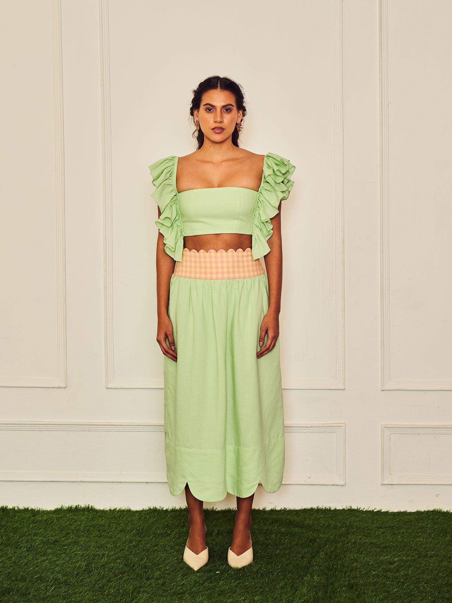 jasmine inspired ruffled blouse with scalloped hem skirt green co-ord (set of 2)