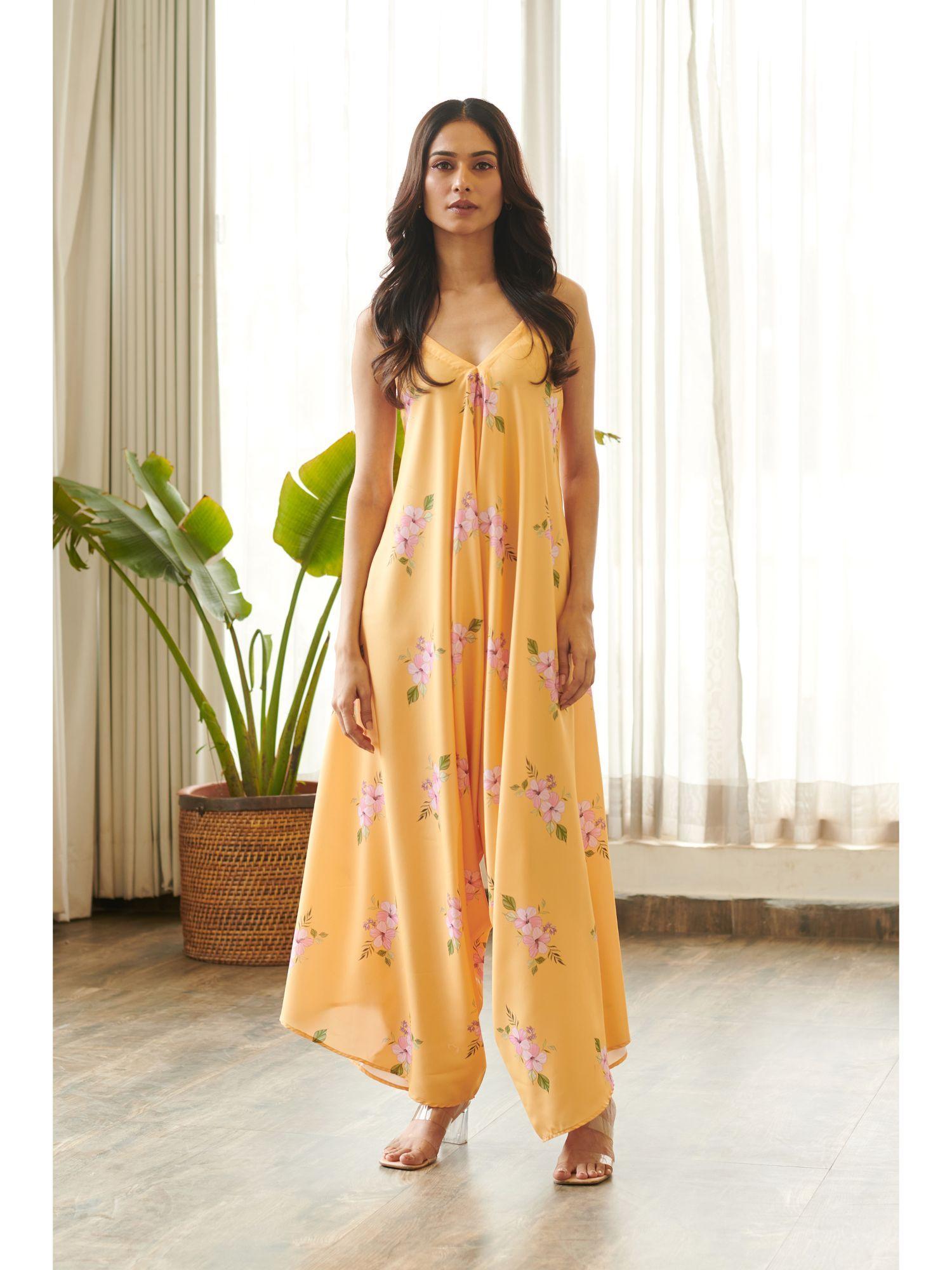 jasmine yellow floral printed flared leg style jumpsuit