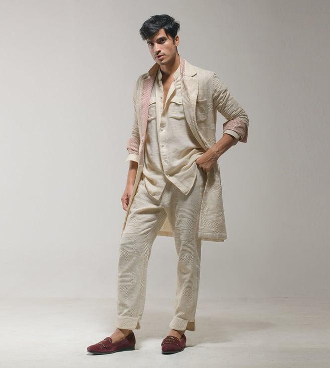 jatin malik beige jmc in paris overcoat with short kurta and trousers