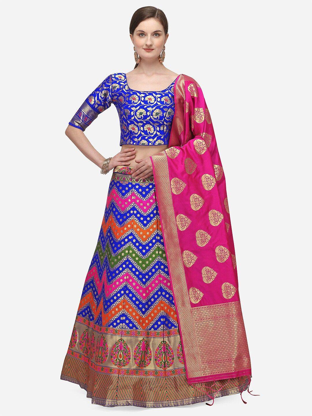 jatriqq blue & pink woven design semi-stitched lehenga & unstitched blouse with dupatta