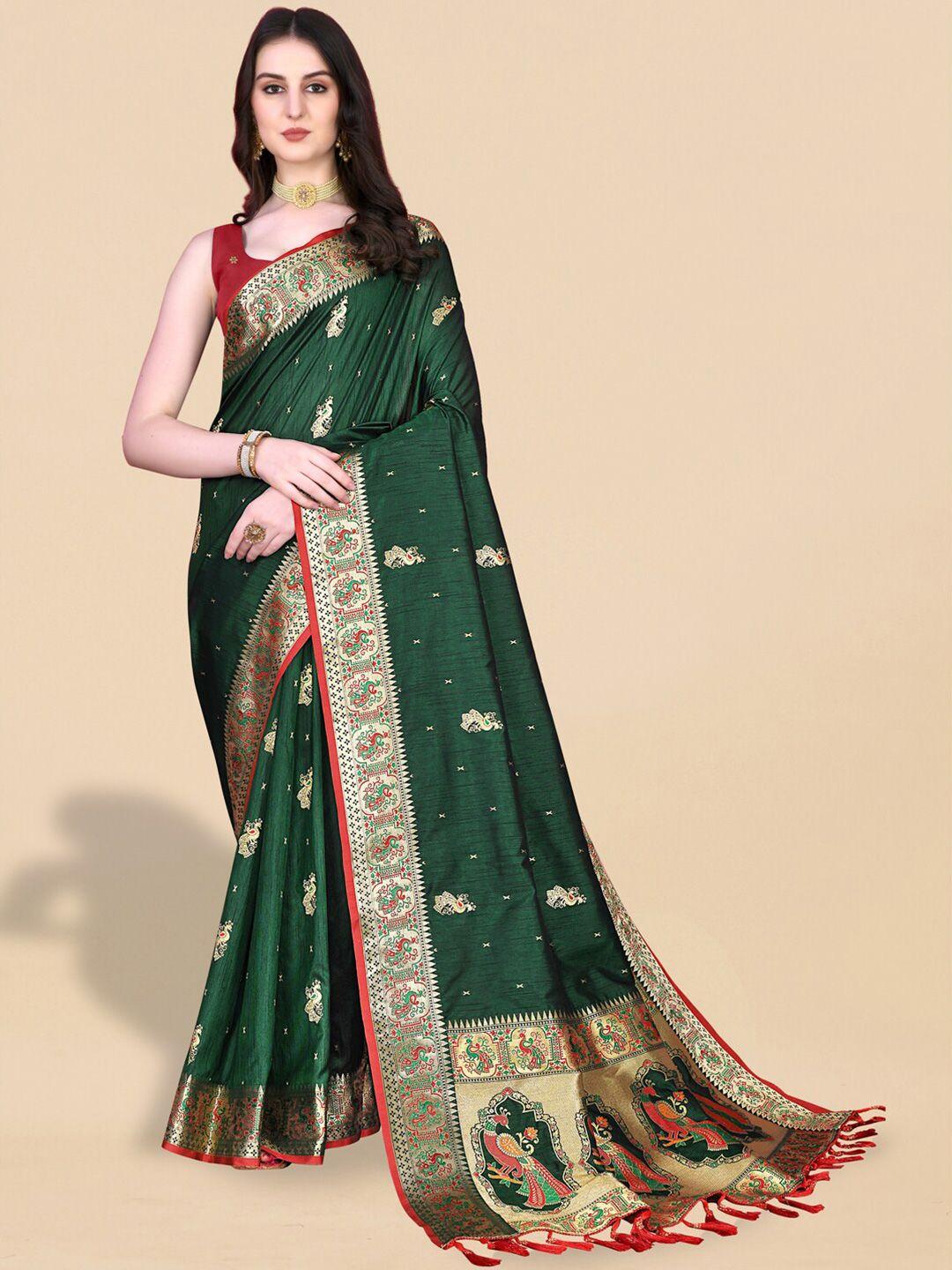 jatriqq green & gold-toned woven design zari art silk paithani saree
