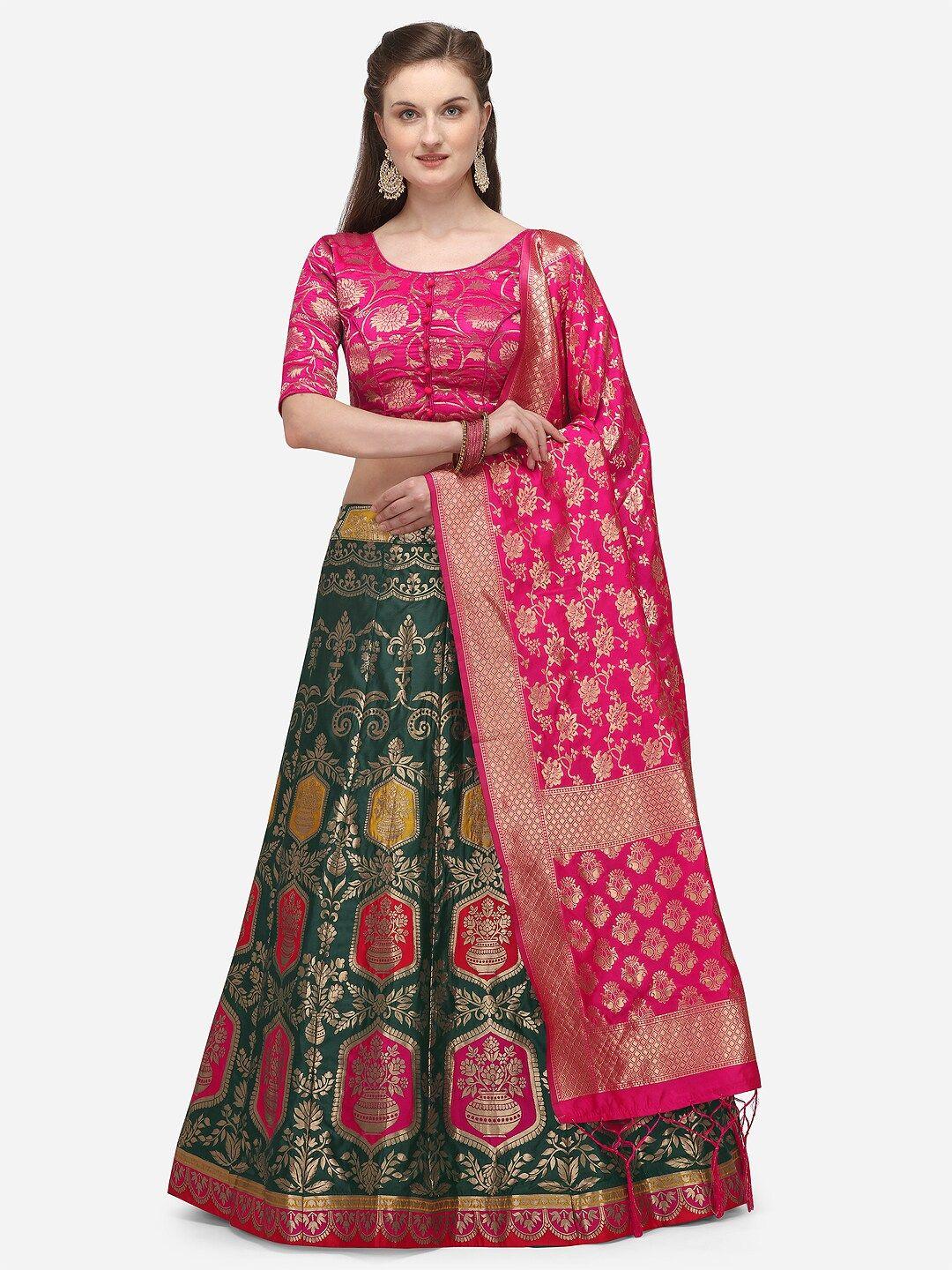 jatriqq green & pink woven design semi-stitched lehenga & unstitched blouse with dupatta