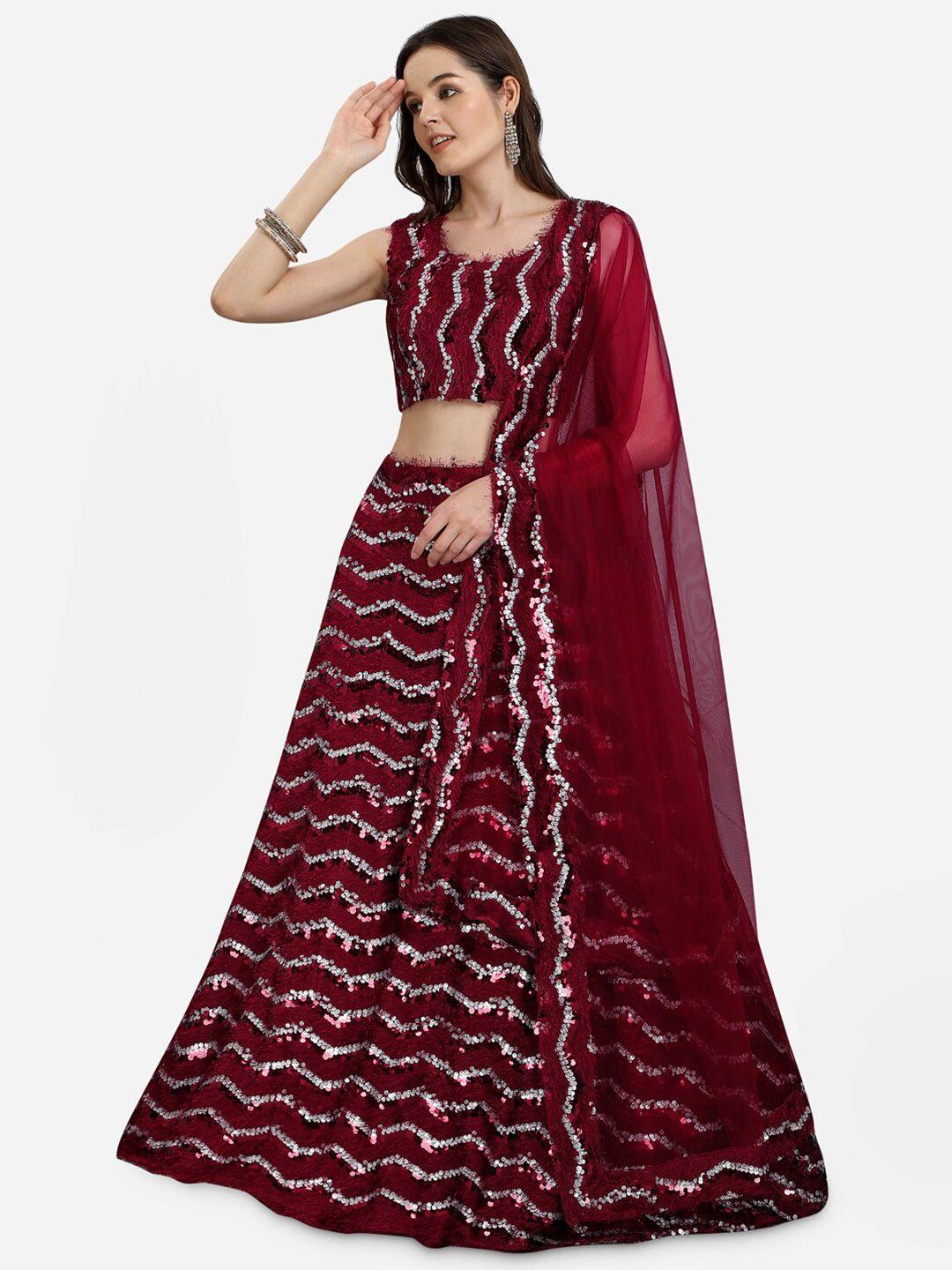 jatriqq maroon & silver-toned embellished sequinned semi-stitched lehenga & unstitched blouse with dupatta