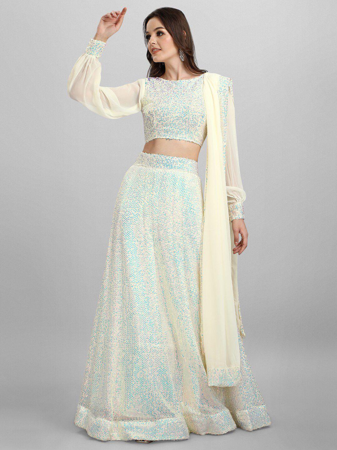 jatriqq off white & blue embroidered sequinned semi-stitched lehenga & unstitched blouse with dupatta