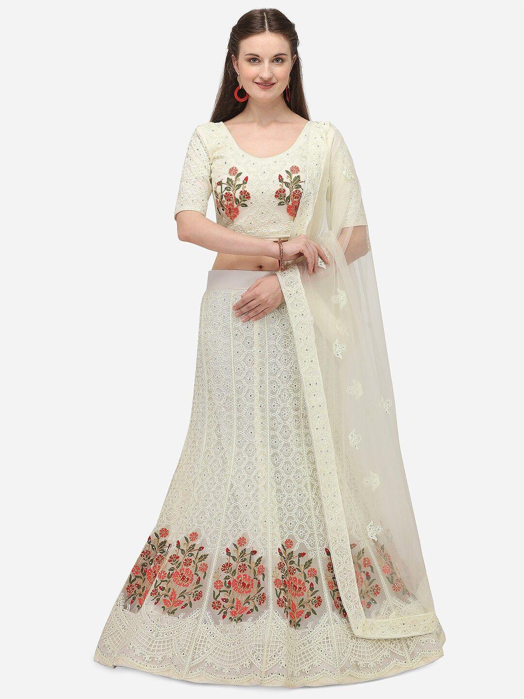 jatriqq off-white & red embroidered semi-stitched lehenga & unstitched blouse with dupatta