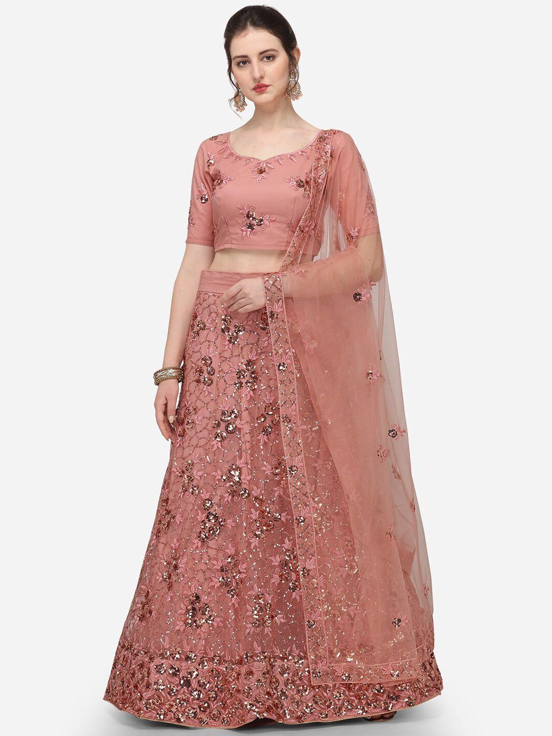 jatriqq peach embroidered sequinned semi-stitched lehenga & unstitched blouse with dupatta