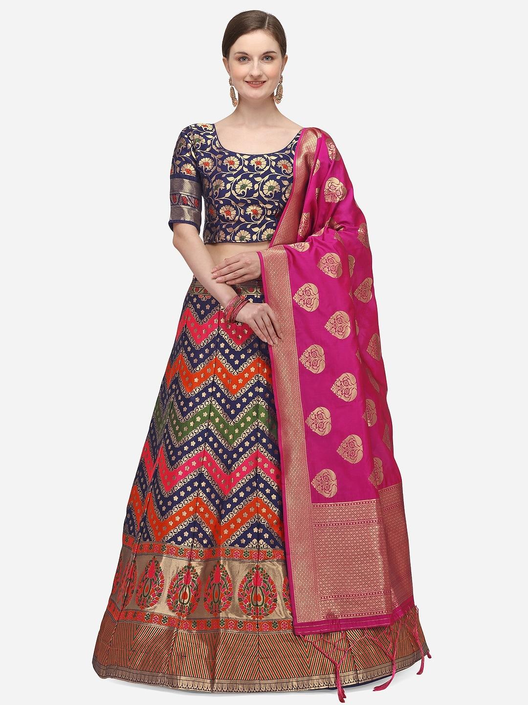 jatriqq pink & navy blue woven design semi-stitched lehenga & unstitched blouse with dupatta