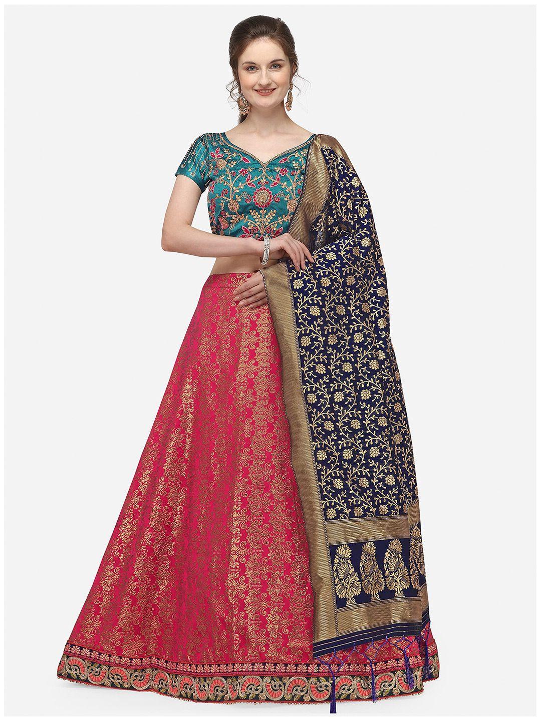 jatriqq pink & teal woven design semi-stitched lehenga & unstitched blouse with dupatta