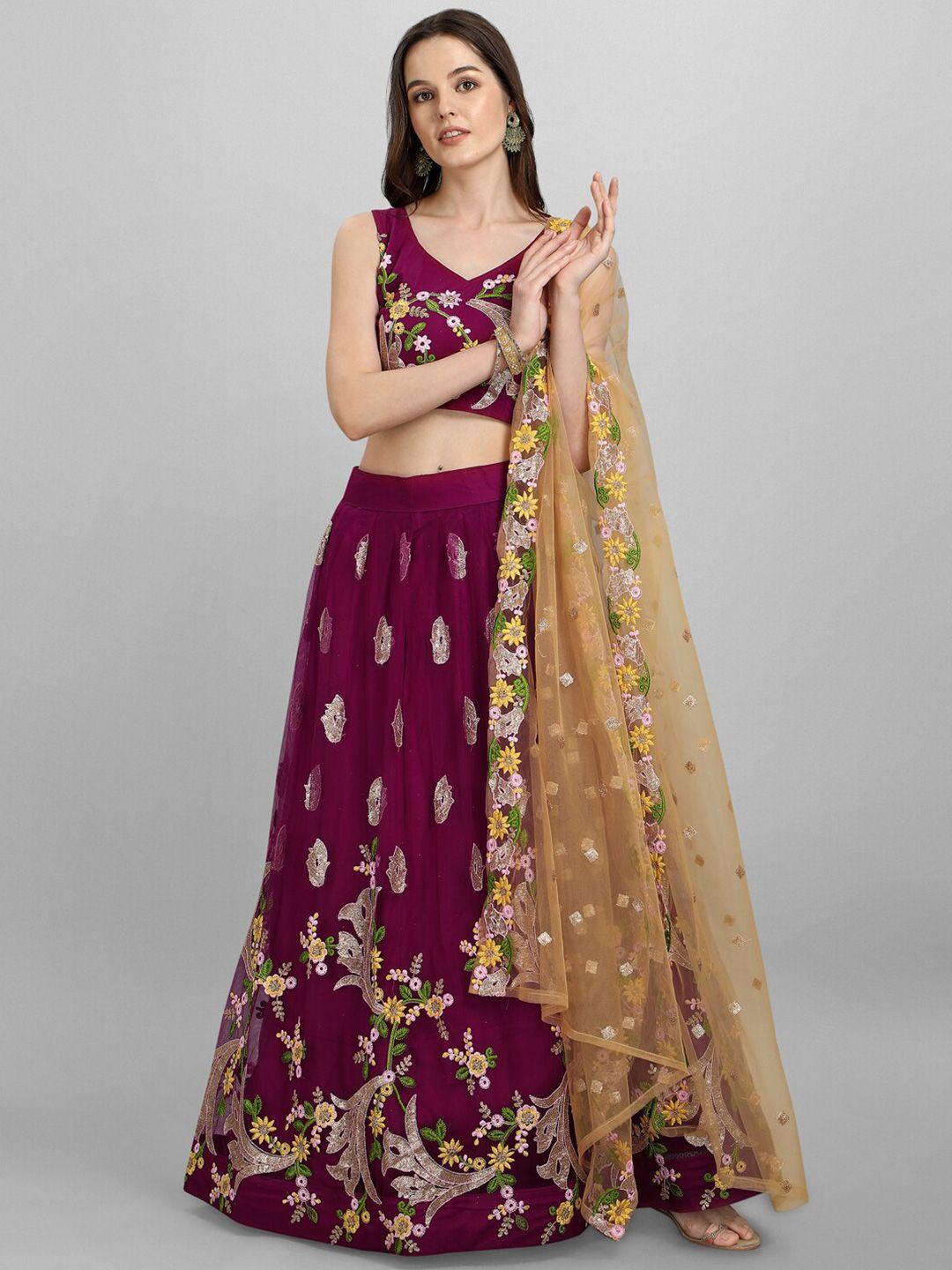 jatriqq purple & gold-toned embroidered sequinned semi-stitched lehenga & unstitched blouse with dupatta